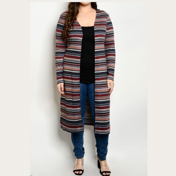 Nikki striped rib duster cardigan plus size - Picture 2 of 3